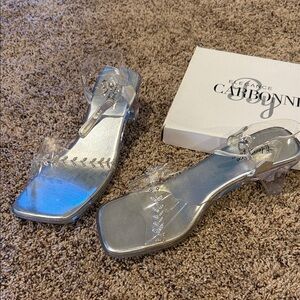 Elegant Silver Block Heel Sandals with Crystal Leaf Accents (Vintage Clear)
